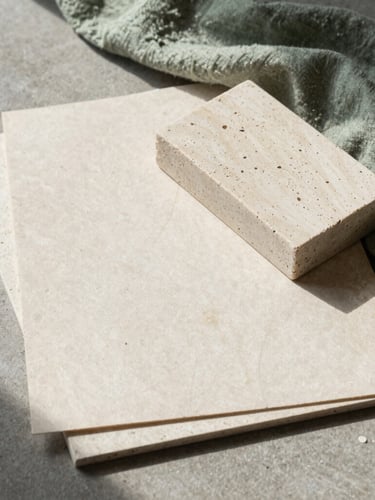 Flat-lay of physical design materials on a concrete surface. Textured heavy paper stocks, a block of raw light-colored stone, and a swathe of sage green linen. Soft diffused morning light casting quiet shadows.