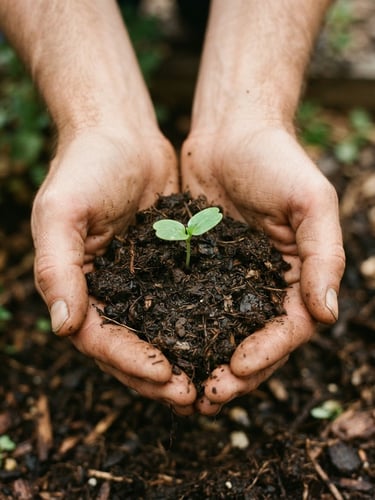Hands holding organic soil with a small green sprout, soft overcast natural daylight, warm documentary style, 35mm film grain