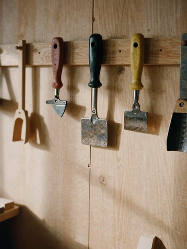 A warm, natural light workshop with woodworking tools hanging on a wooden wall, soft shadows, tactile textures, 35mm film grain