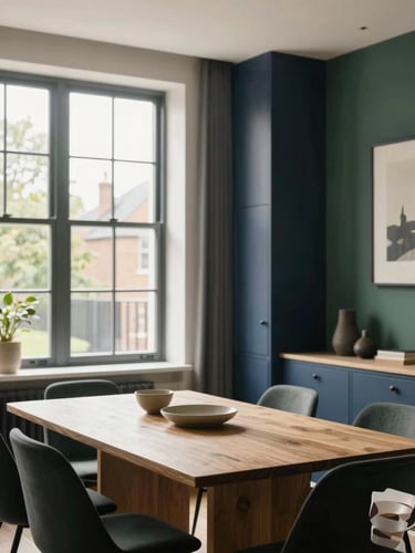 A bright, beautifully staged modern UK townhouse interior with large windows, soft natural daylight illuminating a clean dining area, high-end architectural finishes.