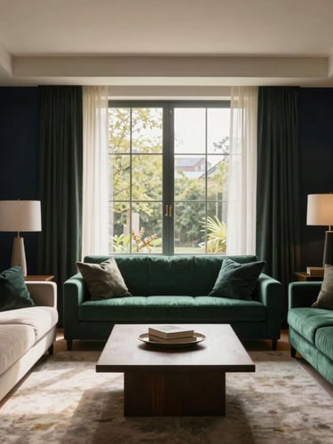 Warm, beautifully lit modern residential interior of a communal living room, soft daylight filtering through a window, elegant minimalist styling.