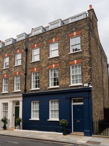 Wide-angle architectural exterior of a beautifully restored brick townhouse in London, soft overcast daylight, clean lines, premium editorial look.