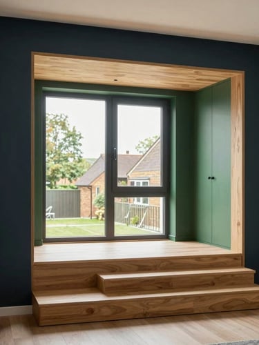 Staged modern communal living area of a UK supported housing property, soft natural window light, deep green and warm wood accents