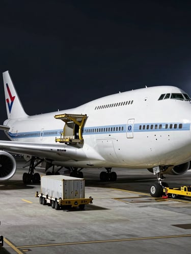 Wide-angle dramatic shot of a Boeing 747 freighter being loaded with cargo containers under cool industrial airport floodlights at night, cargo loaders active in foreground, high-contrast crisp details.