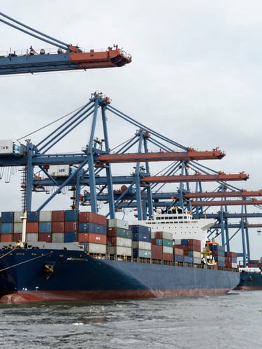 Wide environmental shot of container ships docked at Port Klang under overcast maritime skies, massive crane gantries lining the deep water berths.