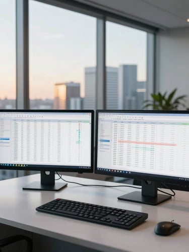 Wide panoramic view of a high-end Sydney corporate office at sunrise, clean dual-monitor setup showing complex financial spreadsheets blurred in the background, cool natural morning light filtering through floor-to-ceiling windows, professional and clinical atmosphere.