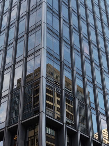 Wide architectural detail of a modern Sydney office tower facade, sharp glass reflections, cool natural daylight.