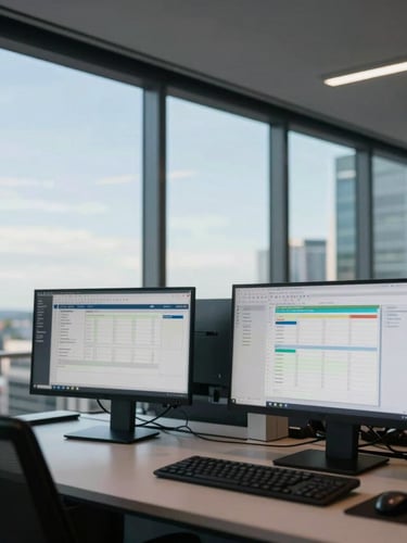 Wide environmental shot of a modern Sydney office tower interior, cool daylight streaming through floor-to-ceiling windows, blurred dual-monitor workstation in the background showing complex spreadsheets.