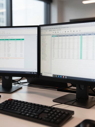 A sharp, high-contrast close-up of a modern dual-monitor setup in a Sydney office, displaying complex financial spreadsheets and credit calculators with clean natural daylight.
