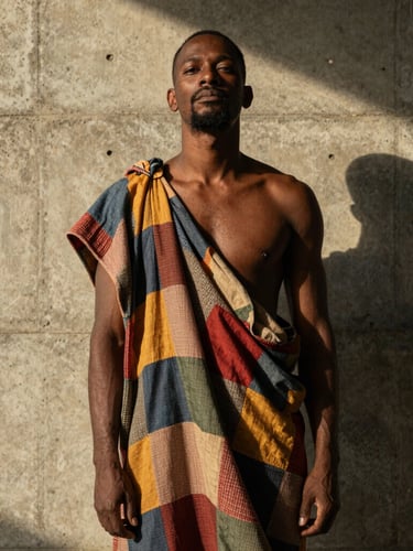Dramatic low-angle portrait of a Black Brazilian man in structured patchwork drapery, standing against a raw concrete wall with sharp amber light casting long shadows.