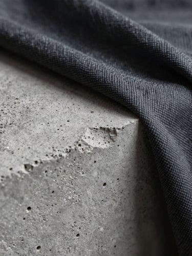 Macro photograph showing the rough, porous texture of gray concrete meeting the soft, dark, woven texture of a draped patchwork textile, high-contrast lighting.