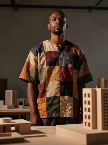 Low-angle portrait of a Black Brazilian architect in a dark brutalist studio, wearing a structured patchwork garment, surrounded by architectural models and warm amber light casting dramatic shadows.