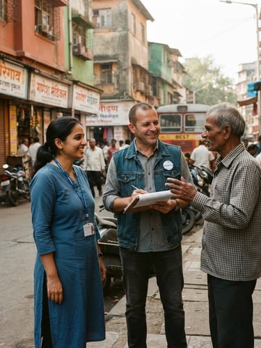 Warm documentary portrait of two local volunteers talking with a resident on a sunlit Goregaon street corner, 35mm lens, vibrant earth tones, eye-level framing.