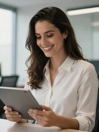 Close-up de uma profissional brasileira sorrindo em um escritório moderno iluminado por luz natural, segurando um tablet com dados de recrutamento.