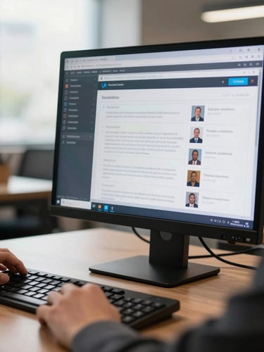 Recrutadora profissional analisando métricas de candidatos em uma tela moderna de computador, iluminação natural de escritório em São Paulo