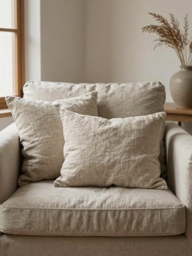 A cozy therapy room corner with a comfortable fabric armchair, soft linen pillows, a ceramic vase with dried grass, warm diffused daylight from a side window, peaceful atmosphere