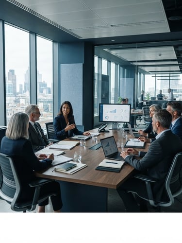 Wide shot of a modern, clean office environment with structured documents and a professional business meeting in progress, cool natural daylight, deep navy and slate tones, 35mm lens