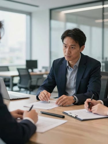 Modern, clean office interior with natural light, showing a consultant and client discussing documents at a large conference table, focus on hands and documents, shallow depth of field, cool tones.