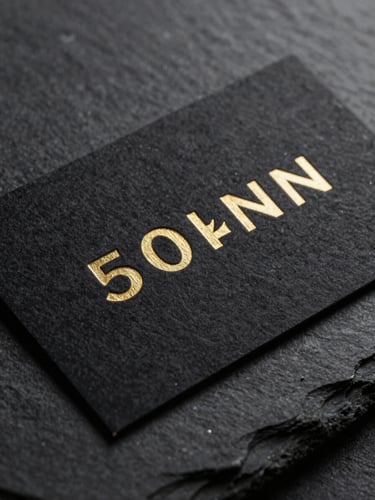 Macro close-up of a luxurious black paper business card with deeply embossed gold foil lettering, resting on a dark slate surface under soft directional studio lighting.