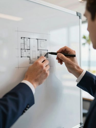 Medium close-up of hands sketching on a whiteboard in a modern office, focused on strategic planning, architectural blueprint visible, bright natural light, West Palm Beach setting.