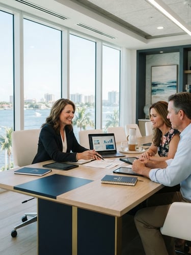 Bright, sun-drenched modern coastal boardroom in West Palm Beach, clean lines, large windows, soft natural light, focused collaborative moments between advisors and clients, architectural details.