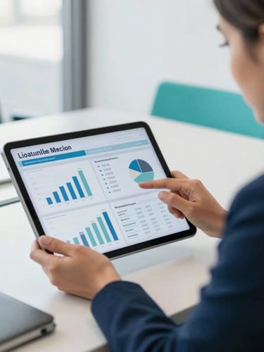 Medium close-up of a professional woman presenting financial dashboards on a tablet to a colleague in a bright, modern Mexican office, natural lighting, sharp focus
