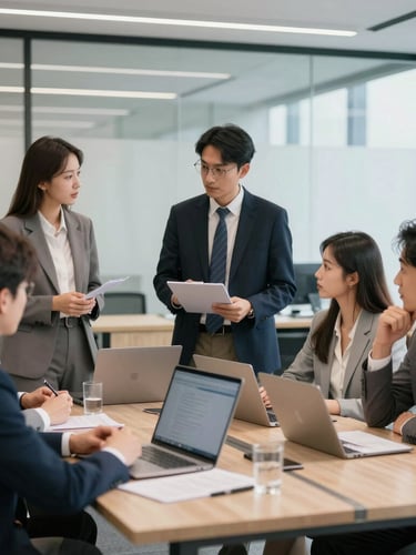 editorial corporate photography, bright natural office daylight, clean navy and teal accents, sharp focus, 35mm. A collaborative meeting of Mexican business partners analyzing administrative flowcharts on a screen, organized modern office setting, natural daylight.