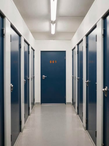 Straight-on wide-angle shot of a clean, brightly lit storage corridor with deep navy doors and safety-orange unit numbers under even daylight.