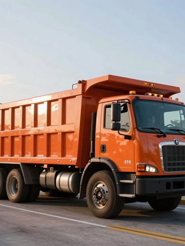 Low-angle heroic shot of a heavy-duty roll-off dumpster truck, safety-orange, driving at dawn in Miami, crisp commercial photography, bright Miami sunlight, high-contrast industrial tones.