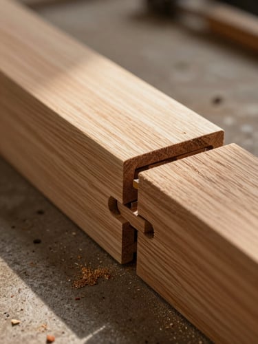 Extreme close-up of a dovetail joint mid-fabrication in a workshop, warm north-facing daylight raking across the wood surface, fine sawdust visible in the grain, no tools in frame, warm oak tones against a concrete workbench