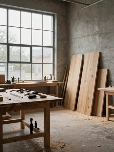 Wide view of a quiet woodworking atelier under north-facing daylight, workbenches with hand tools arranged precisely, raw oak panels leaning against a concrete wall to the right, sawdust on the floor, no people, cool diffuse light from large industrial windows