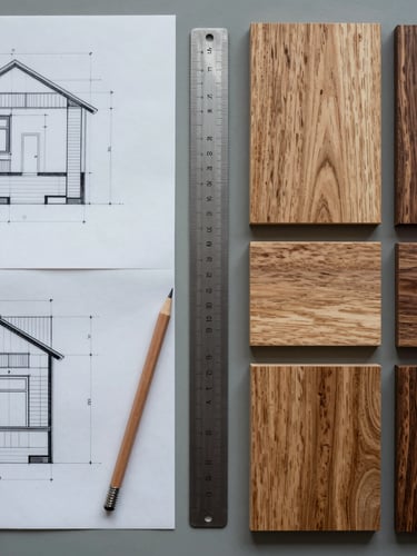 Overhead flat-lay of architect's desk under cool daylight, hand-drawn section drawings and wood grain samples arranged alongside a steel ruler and pencil, natural oak veneer and walnut board visible, muted surface, no hands