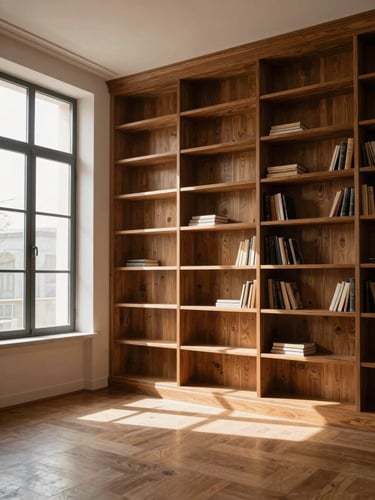 Tall portrait view of a floor-to-ceiling fitted oak library in an empty Haussmann living room, afternoon light from a tall window at left casting a sharp shadow band across the shelves, no books, no objects, proportion and shadow as the subject