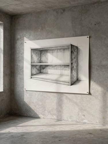 Wide architectural shot of an empty room under north-facing daylight, a craftsman's pencil sketch of built-in joinery pinned to a bare plaster wall, the drawing visible in precise graphite lines, surrounding wall in muted concrete gray, no furniture