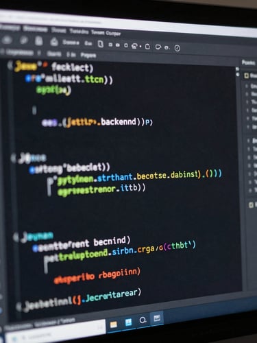 Macro shot of clean, syntax-highlighted Java and Python backend code on a vertical monitor, dark IDE theme, sharp focus on terminal output.