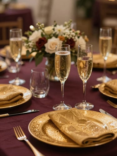 Vibrant close-up of a beautifully styled celebration table with shimmering champagne gold settings, deep plum linens, and warm ambient light.