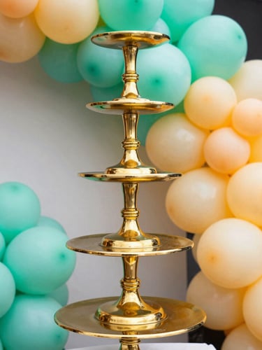 Vibrant close-up of a multi-tiered champagne gold cake stand surrounded by organic balloon garlands, bright professional lighting, celebratory atmosphere
