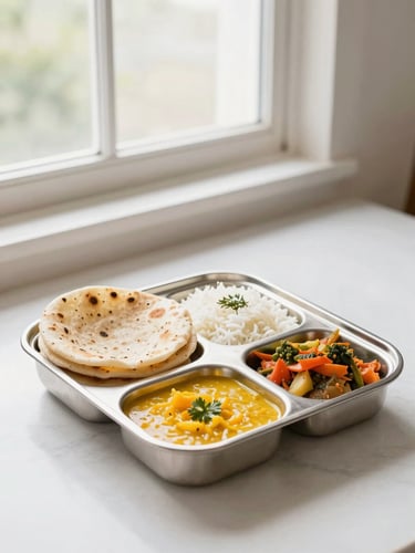 Freshly prepared Indian tiffin meals in clean stainless steel containers, featuring soft rotis, dal, rice, and a colorful vegetable dish, bright natural window light, appetizing presentation