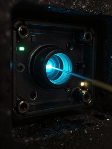 Macro close-up of a physical fiber-optic cable splice enclosure inside a dark underground vault, sharp laser-cyan light leaking from the core, 35mm technical photography
