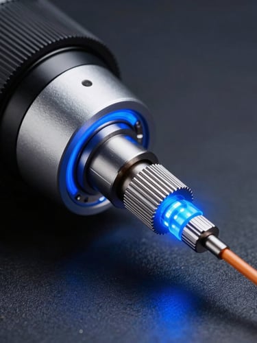 Close-up of precision fiber optic splicing under cool-toned studio lighting with sharp electric blue accent glows, 8k