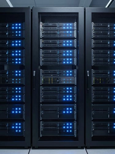 Symmetrical environmental shot of a modern enterprise data center, clean server racks with glowing electric blue indicators, cool-toned corporate technology photography, sharp lighting.