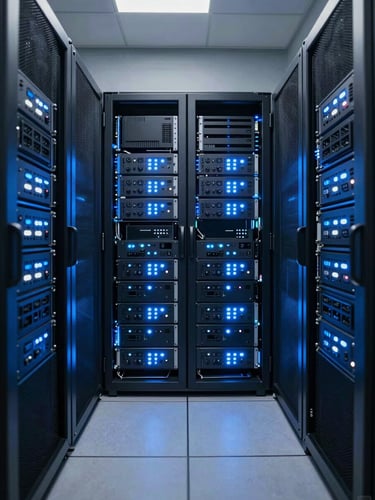Symmetrical wide view of a modern enterprise data center, glowing blue and white indicators on clean server racks, high-end commercial lens, 8k