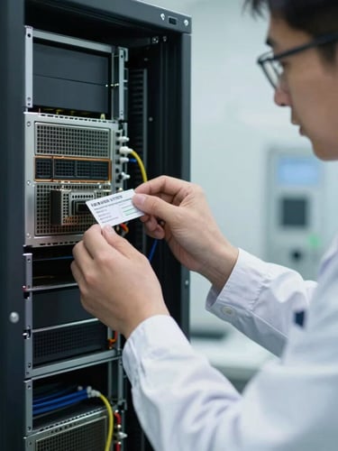 A technical close-up of a uniformed technician scanning a serialized asset tag on a de-branded server blade inside a cleanroom facility, cool clinical lighting.