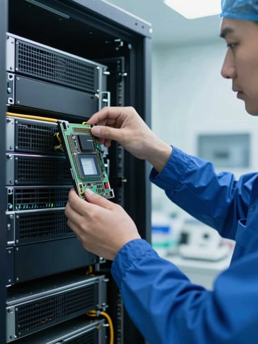 A technical close-up of a uniformed technician in a high-contrast clinical cleanroom systematically un-installing a server blade from a dark data center rack, cool blue lighting