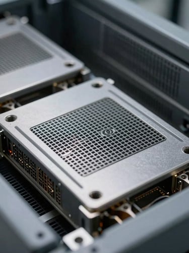 Macro detailed close-up of decommissioned server blades being systematically organized in a high-security facility, cool clinical lighting, steel gray tones.