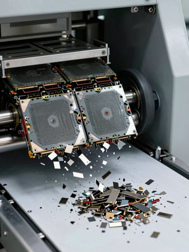 Close-up shot of a heavy industrial shredder processing deactivated server blades, metal fragments falling onto a clean conveyor belt, high-contrast clinical lighting, sharp technical focus