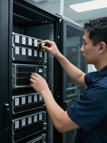 Cool clinical lighting, a uniformed technician systematically uninstalls a cleanroom data center rack, serialized asset tags visible, high-contrast technical framing.