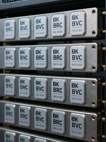Close-up macro shot of serialized asset tags on de-branded server blades inside a high-security facility, sharp focus, industrial steel tones.