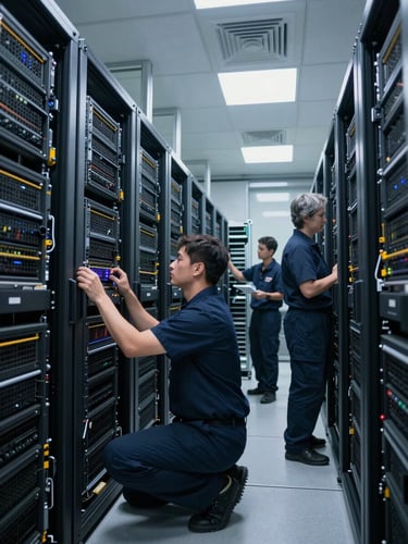 Technical wide-angle shot of cleanroom data center racks being systematically uninstalled by uniformed technicians, cool clinical lighting, high contrast.