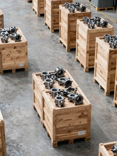 High-contrast industrial daylight shot of organized warehouse bays in Guangzhou, stacked wooden crates, clean concrete floor, professional atmosphere, 50mm